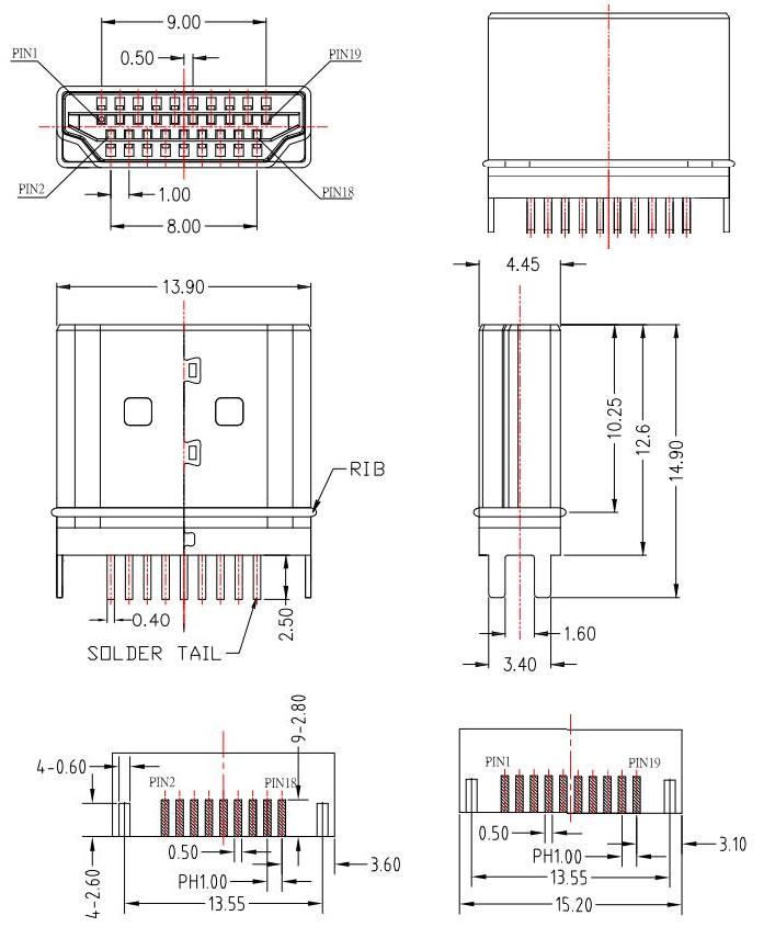 HDMI-A-11/HDMI Plug ,HDMI母頭夾板, HDMI公頭夾板,板厚:1.6mm規(guī)格圖