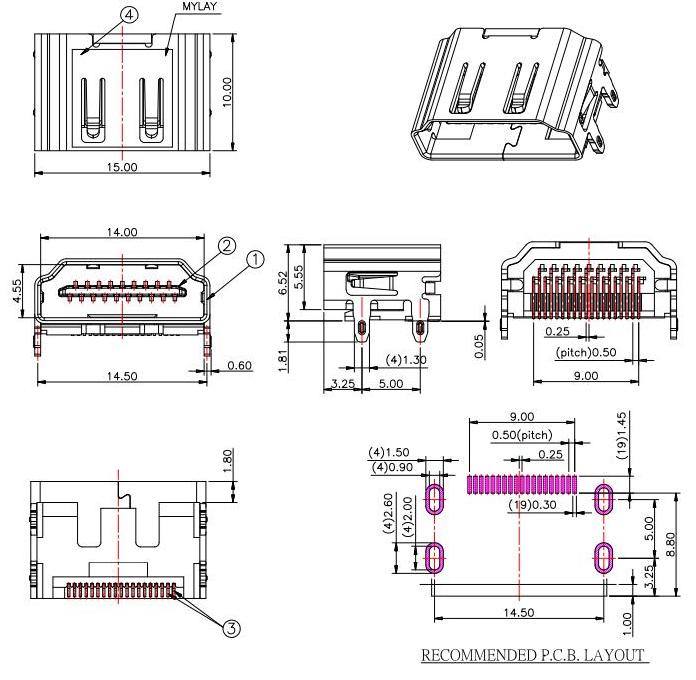 HDMI A TYPE SMT，HDMI插口19P 無耳無柱/19腳HDMI插孔 HDMI-A-5規(guī)格書