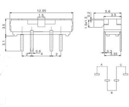 4腳撥動(dòng)開(kāi)關(guān)接線尺寸圖 4腳撥動(dòng)開(kāi)關(guān)接線尺寸圖
