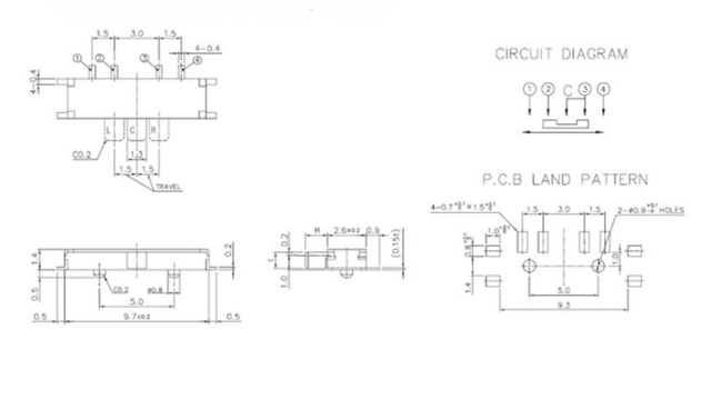 mini八腳撥動開關(guān)尺寸圖