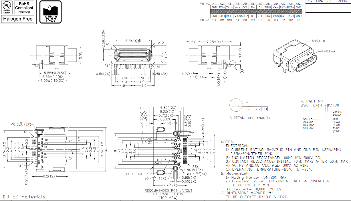 防水 USB Type-C 母座 連接器 板上 90度 24PIN 前插后貼 四腳 PA10料 CL=2.1 H=4.3 L=9.75規(guī)格圖 防水 USB Type-C 母座 連接器 板上 90度 24PIN 前插后貼 四腳 PA10料 CL=2.1 H=4.3 L=9.75規(guī)格圖