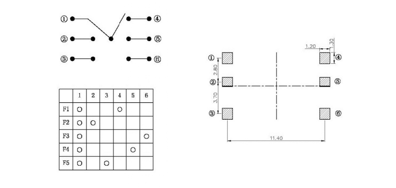 10*10*8.6貼片五向開關(guān)接線圖