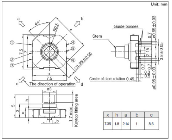 五向開(kāi)關(guān)的外形尺寸圖 五向開(kāi)關(guān)的外形尺寸圖